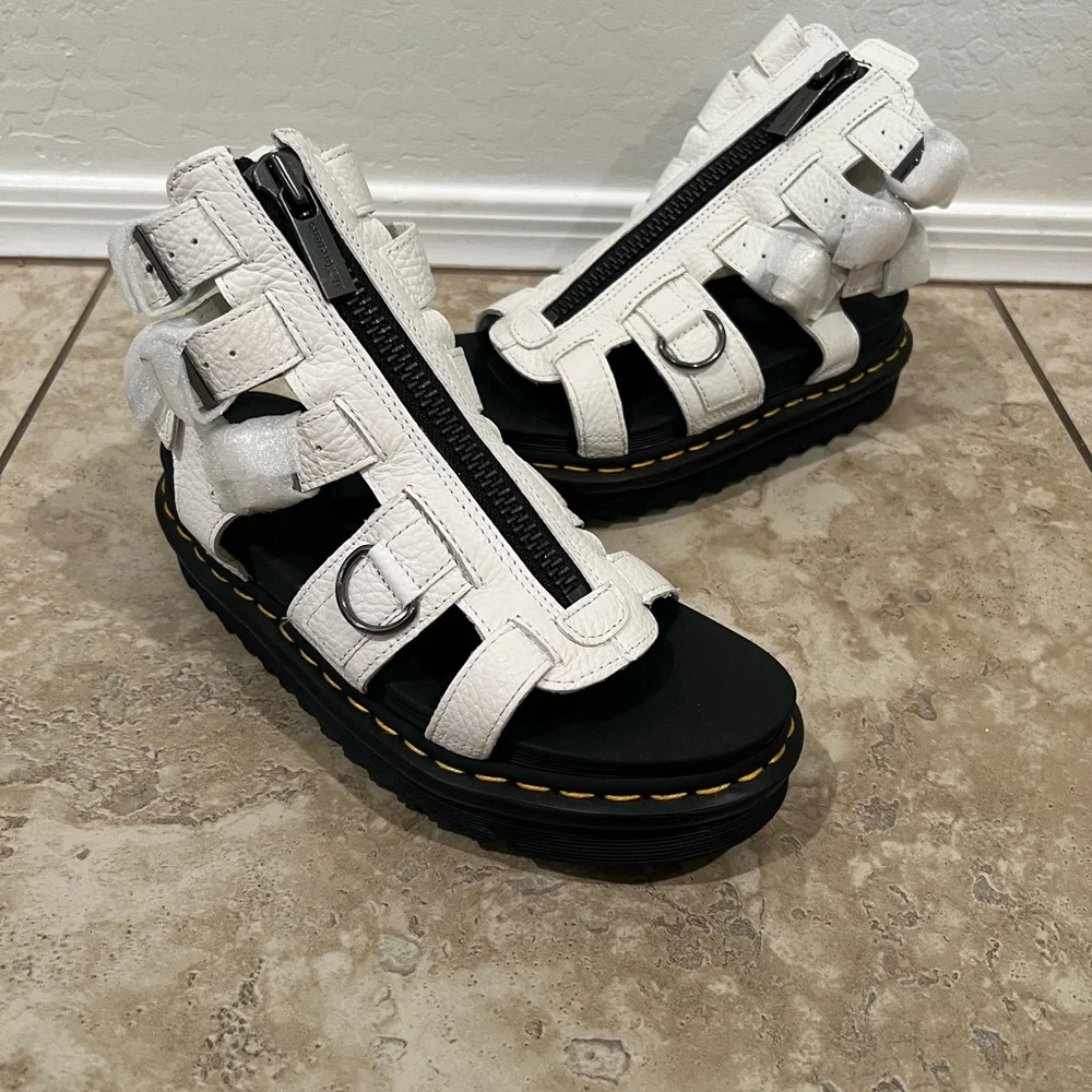 NEW Dr. Martens Olson Zipped Leather Strap Sandals White Milled Napa